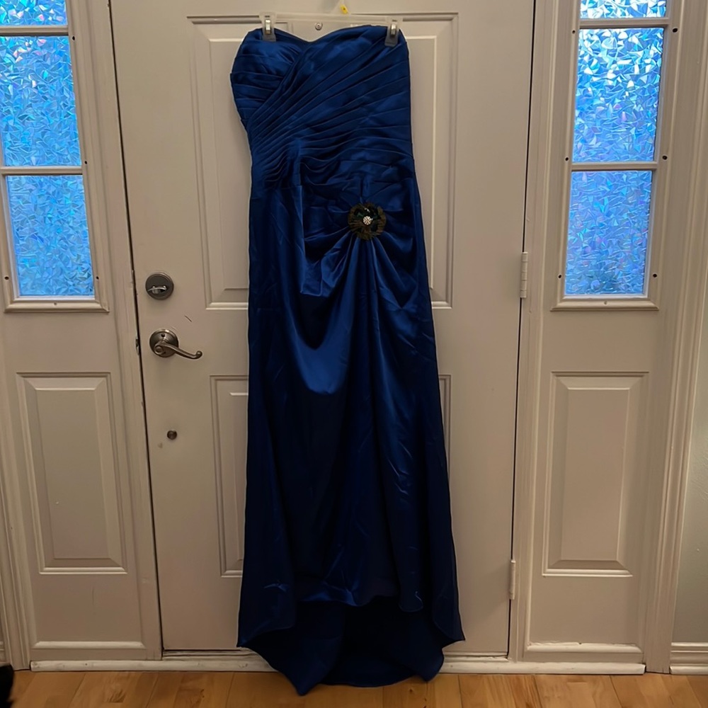 Total blue satin strapless mermaid gown with train